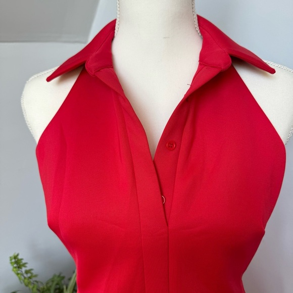 Belle Badgley Mischka Red High Low Collared Halter Dress Scuba Material size 4 - Picture 7 of 11